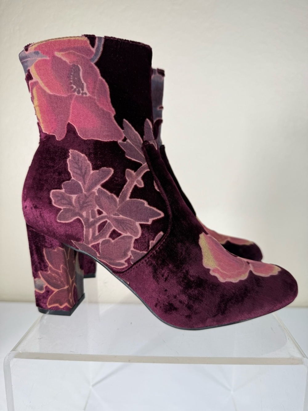 Steve Madden Velvet Floral Ankle Boots in Plum and Pink